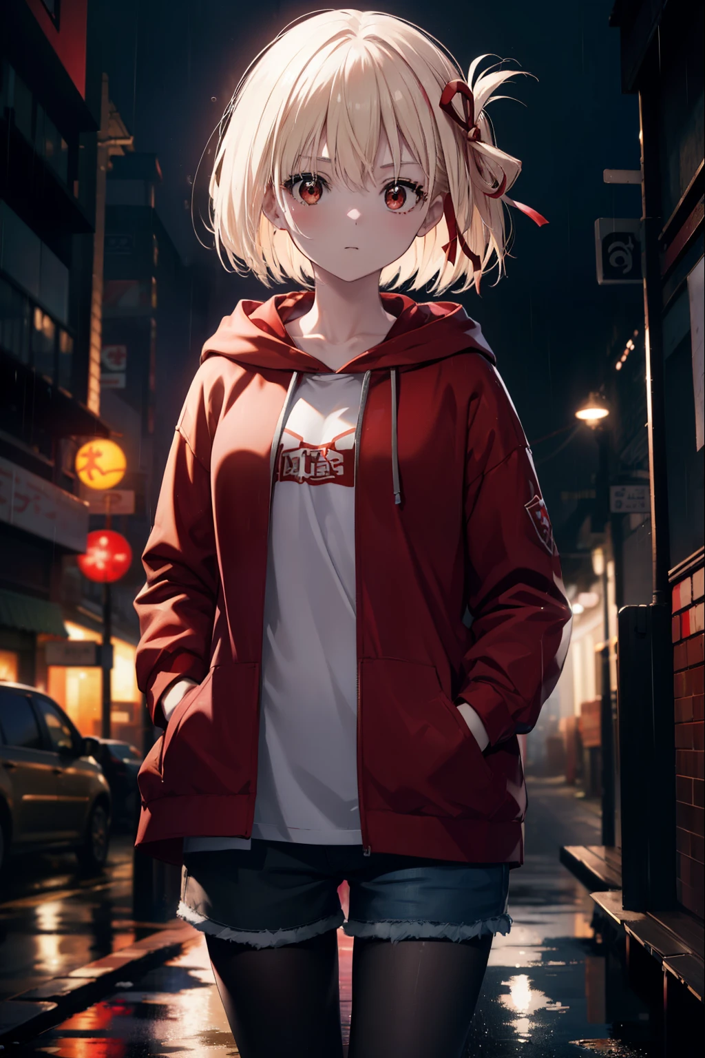 chisatonishikigi, nishikigi chisato, short hair, bangs, blonde hair, (red eyes:1.5), hair ribbon, one side up, bob cut,oversized red hoodie　hood up,Cover your mouth with a red mask,shorts,black pantyhose,Both hands are in the pockets of the hoodie,walking,rain,cloudy sky,puddle,
break outdoors, In town,building street,
break looking at viewer, (cowboy shot:1.5),
break (masterpiece:1.2), highest quality, High resolution, unity 8k wallpaper, (figure:0.8), (detailed and beautiful eyes:1.6), highly detailed face, perfect lighting, Very detailed CG, (perfect hands, perfect anatomy),