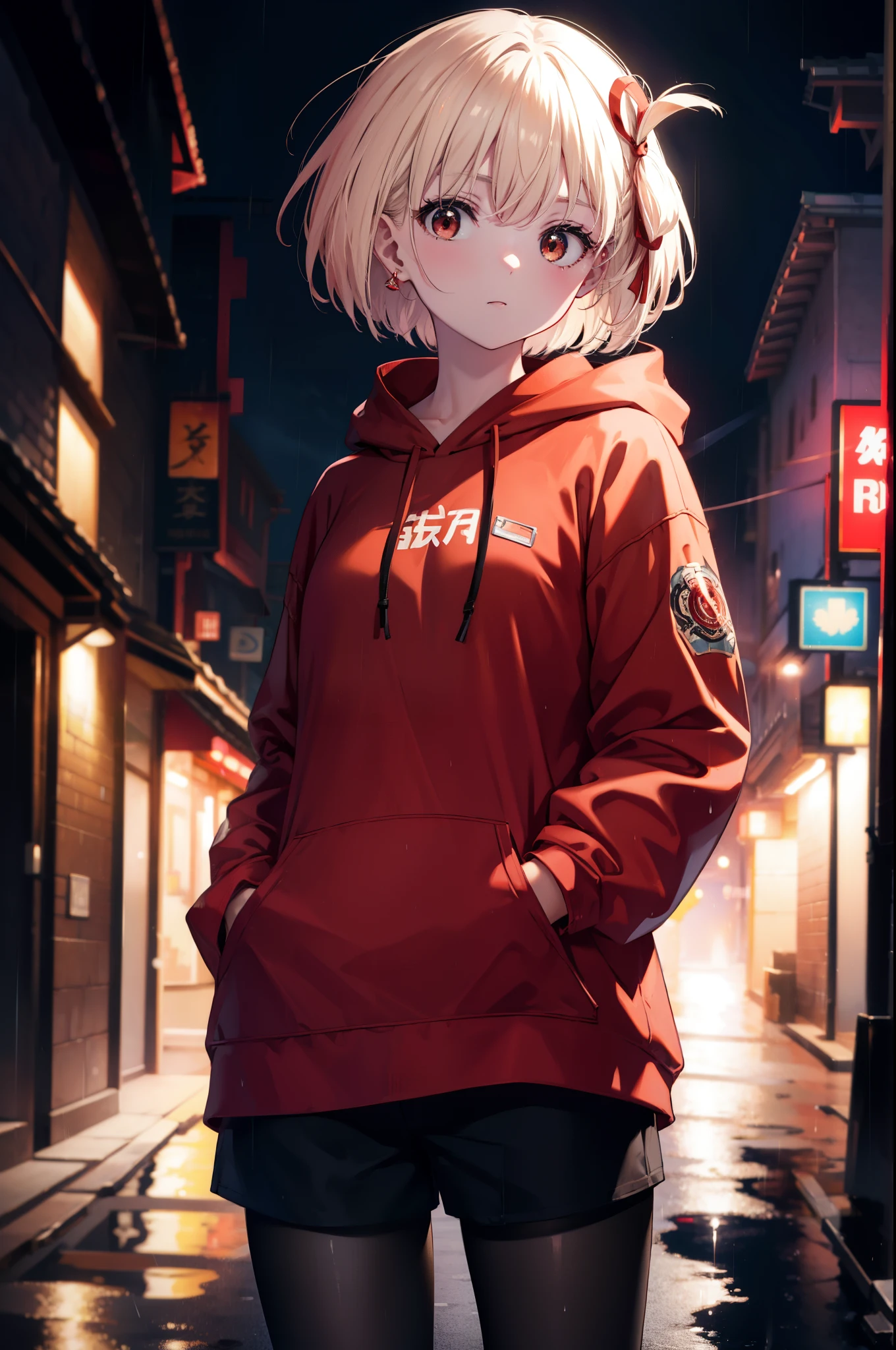 chisatonishikigi, nishikigi chisato, short hair, bangs, blonde hair, (red eyes:1.5), hair ribbon, one side up, bob cut,oversized red hoodie　hood up,Cover your mouth with a red mask,shorts,black pantyhose,Both hands are in the pockets of the hoodie,walking,rain,cloudy sky,puddle,
break outdoors, In town,building street,
break looking at viewer, (cowboy shot:1.5),
break (masterpiece:1.2), highest quality, High resolution, unity 8k wallpaper, (figure:0.8), (detailed and beautiful eyes:1.6), highly detailed face, perfect lighting, Very detailed CG, (perfect hands, perfect anatomy),