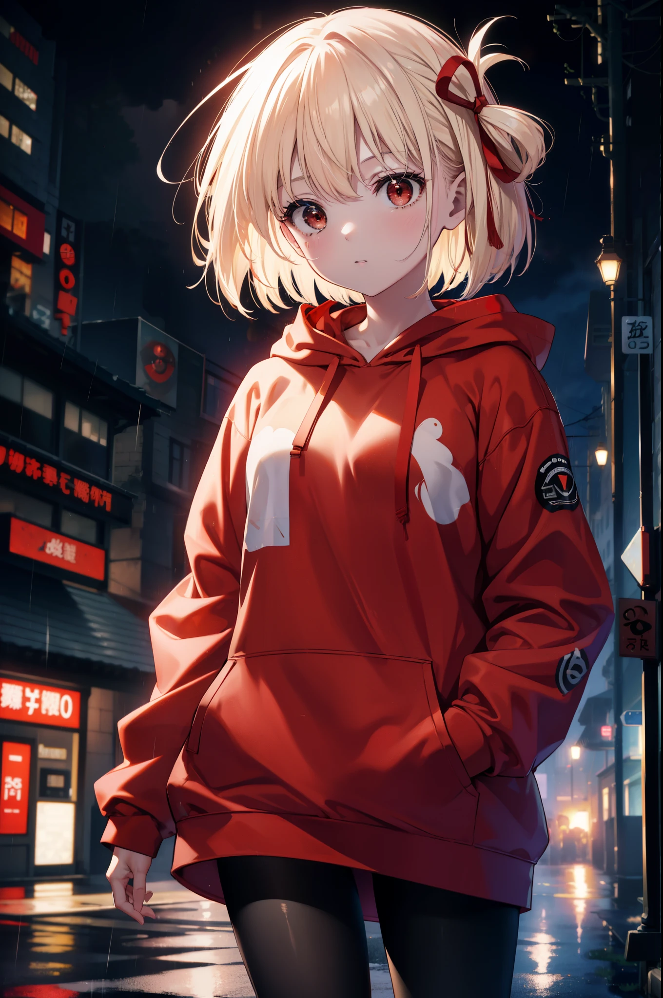 chisatonishikigi, nishikigi chisato, short hair, bangs, blonde hair, (red eyes:1.5), hair ribbon, one side up, bob cut,oversized red hoodie　hood up,Cover your mouth with a red mask,shorts,black pantyhose,Both hands are in the pockets of the hoodie,walking,rain,cloudy sky,puddle,
break outdoors, In town,building street,
break looking at viewer, (cowboy shot:1.5),
break (masterpiece:1.2), highest quality, High resolution, unity 8k wallpaper, (figure:0.8), (detailed and beautiful eyes:1.6), highly detailed face, perfect lighting, Very detailed CG, (perfect hands, perfect anatomy),