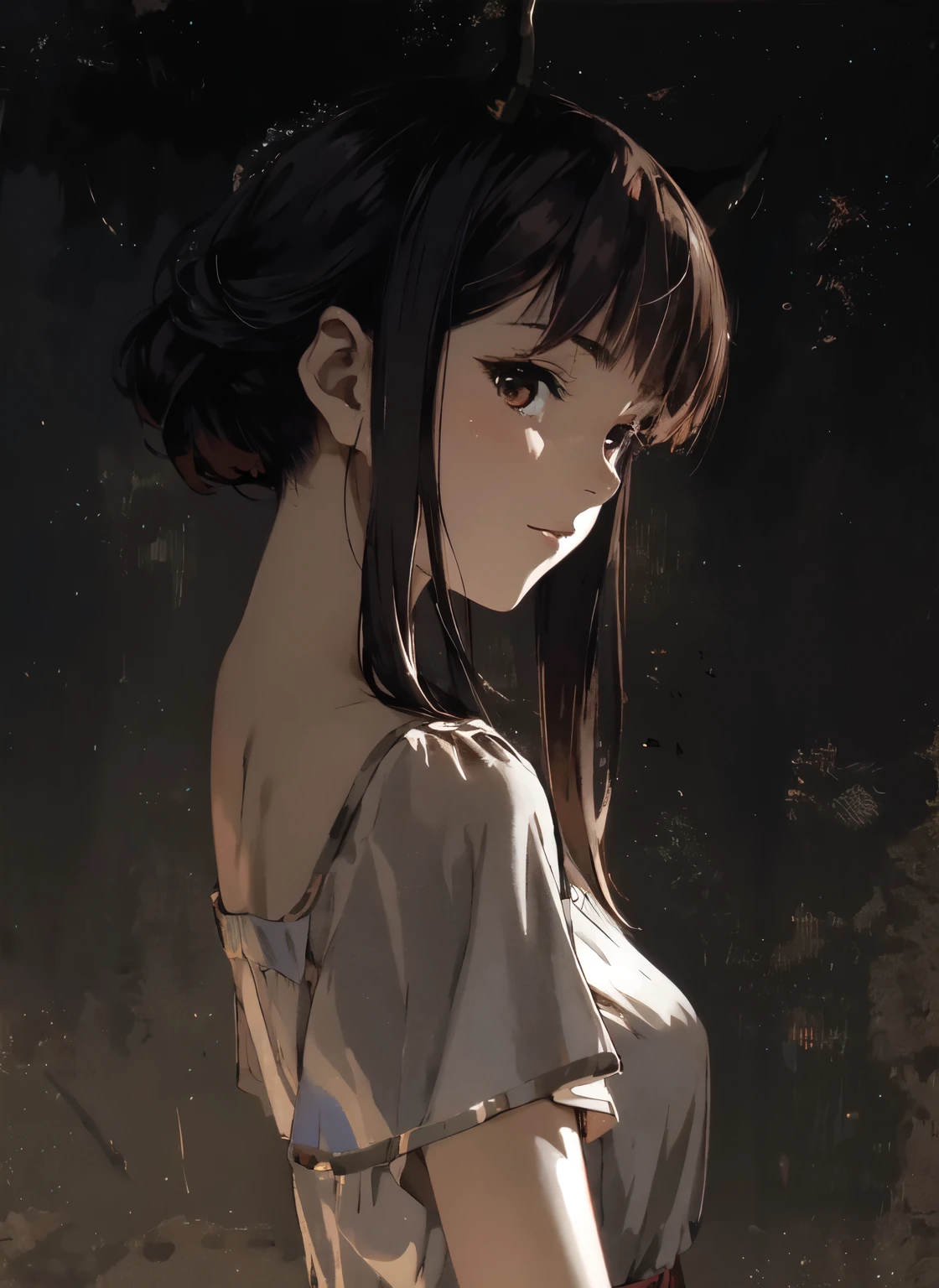 He has short brown hair with two horns sticking out from the bottom of his hair.、Anime girl in a white dress in front of a dark background, Gwaites style artwork, anime girl profile, portrait anime girl, beautiful anime portrait, Watching the viewer, 