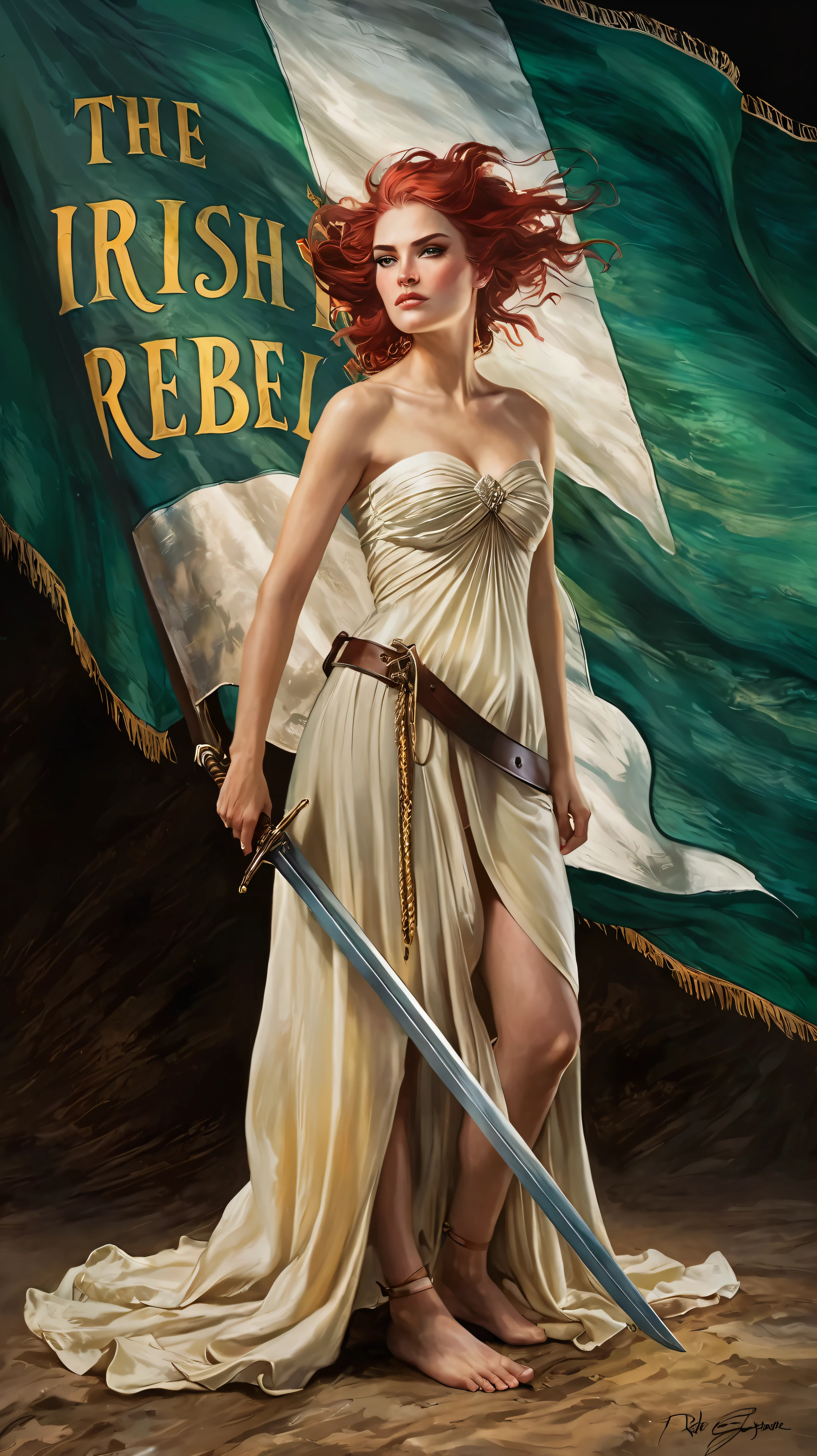 Gemälde einer Frau in einem Kleid, die ein Schwert und eine Flagge hält, König ausrauben, Renaissance-Malerei, König ausrauben and kentarõ miura style, im Stil von Anne Stokes, von Darek Zabrocki, artgerm julie bell beeple, inspiriert von Roberto Ferri, königliche und stolze robuste Frau, Charlie Bowater Charakterkunst