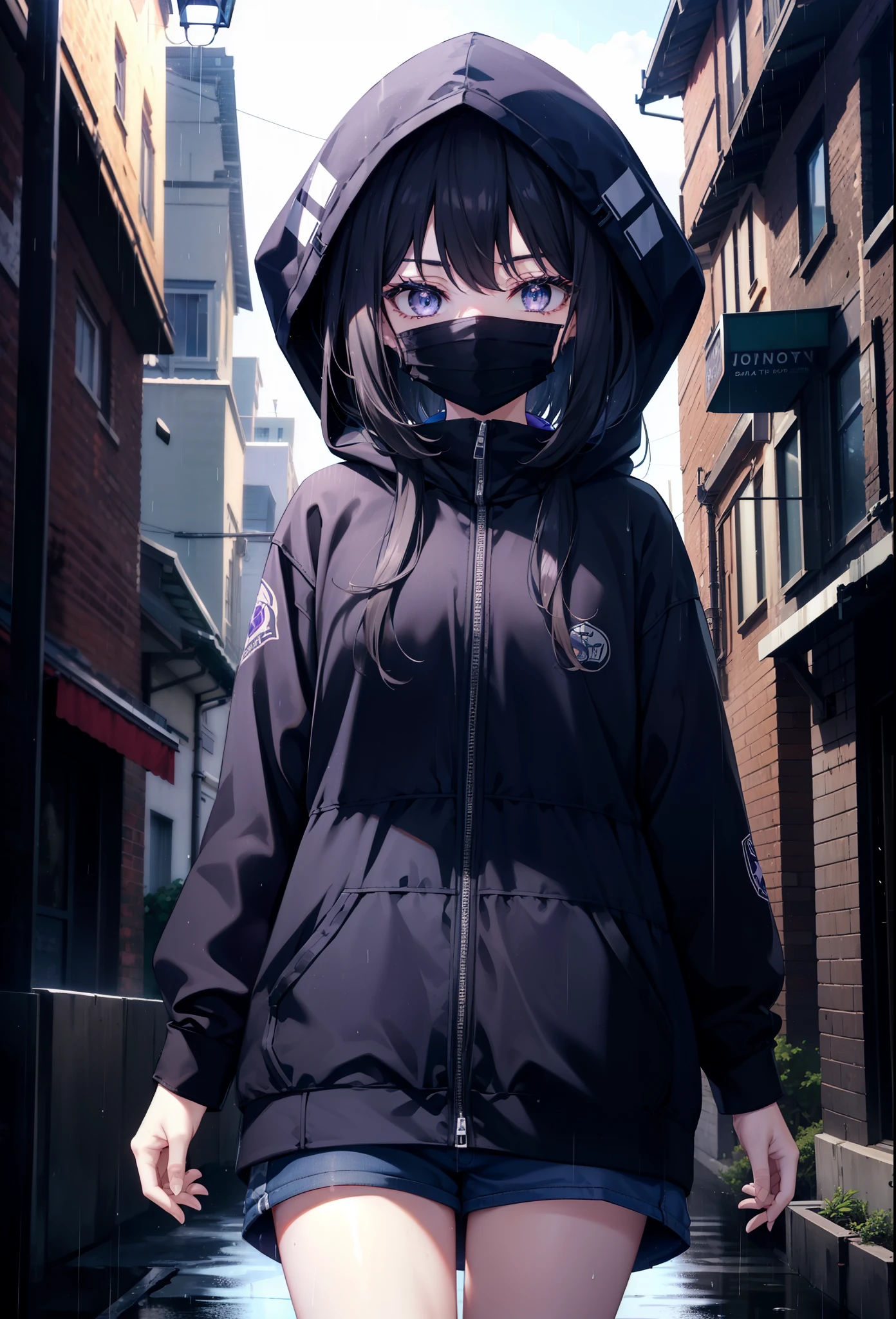 Takiuchi Kame, check it out, long hair, bangs, black hair, (purple eyes:1.2),Blue hoodie,hood up,Cover your mouth with a blue mask,shorts,white pantyhose,short boots,it&#39;s raining,cloudy sky,puddle,In town,building street,
break looking at viewer, (cowboy shot:1.5),
break (masterpiece:1.2), highest quality, High resolution, unity 8k wallpaper, (figure:0.8), (detailed and beautiful eyes:1.6), highly detailed face, perfect lighting, Very detailed CG, (perfect hands, perfect anatomy),