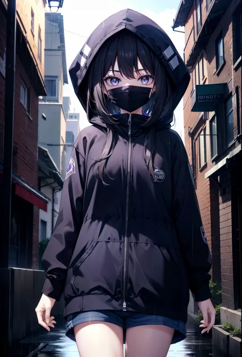 Takiuchi Kame, check it out, long hair, bangs, black hair, (purple eyes:1.2),Blue hoodie,hood up,Cover your mouth with a blue ma...