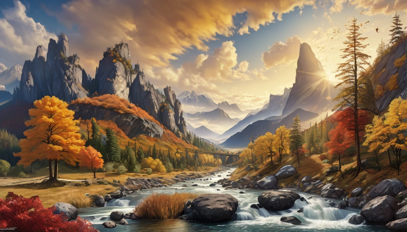 ((ultra wide angle x0.5:1.5, fisheye camera:1.5, 360 degrees:1.5)),(landscape with mountains, river, trees, rocks, waterfall, autumn, autumn colors:1.5), ((Imaginative scene )), (( highly detailed: 1.4), (( Masterpiece )), ( Hyper-detailed and beautiful: 1.3), (Photorealistic: 1.4), 32k.