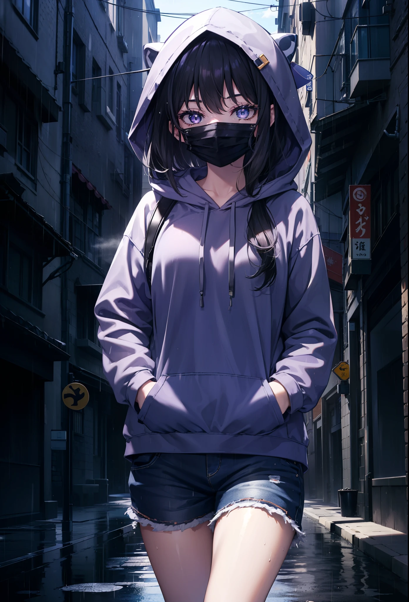 Takiuchi Kame, check it out, long hair, bangs, black hair, (purple eyes:1.2),Blue hoodie,hood up,Cover your mouth with a blue mask,shorts,white pantyhose,short boots,it&#39;s raining,cloudy sky,puddle,In town,building street,Both hands are in the pockets of the hoodie,
break looking at viewer, (cowboy shot:1.5),
break (masterpiece:1.2), highest quality, High resolution, unity 8k wallpaper, (figure:0.8), (detailed and beautiful eyes:1.6), highly detailed face, perfect lighting, Very detailed CG, (perfect hands, perfect anatomy),