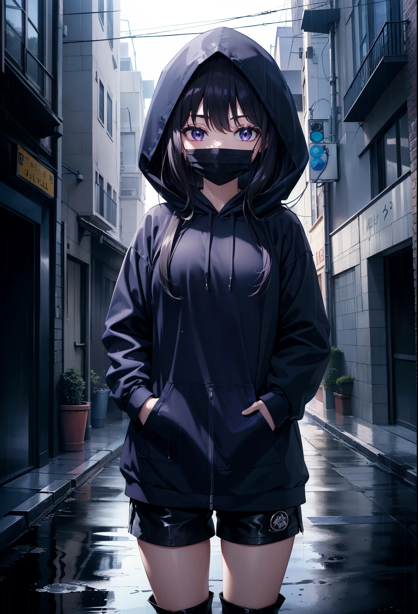 Takiuchi Kame, check it out, long hair, bangs, black hair, (purple eyes:1.2),oversized blue hoodie,hood up,Cover your mouth with a blue mask,shorts,white tights,short boots,it&#39;s raining,cloudy sky,puddle,In town,building street,Both hands are in the pockets of the hoodie,
break looking at viewer, (cowboy shot:1.5),
break (masterpiece:1.2), highest quality, High resolution, unity 8k wallpaper, (figure:0.8), (detailed and beautiful eyes:1.6), highly detailed face, perfect lighting, Very detailed CG, (perfect hands, perfect anatomy),