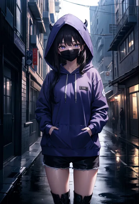 Takiuchi Kame, check it out, long hair, bangs, black hair, (purple eyes:1.2),oversized blue hoodie,hood up,Cover your mouth with...