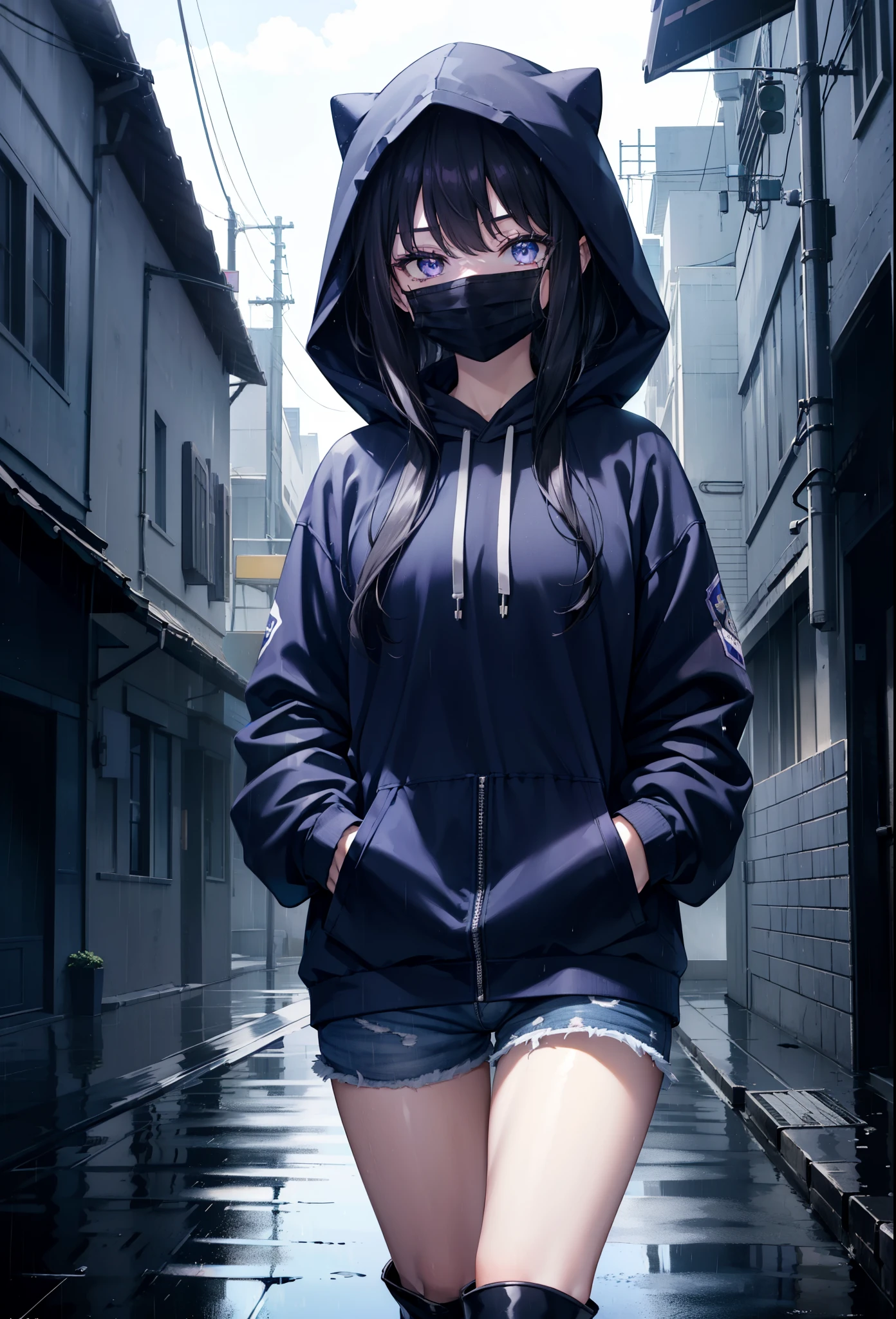 Takiuchi Kame, check it out, long hair, bangs, black hair, (purple eyes:1.2),oversized blue hoodie,hood up,Cover your mouth with a blue mask,shorts,white tights,short boots,it&#39;s raining,cloudy sky,puddle,In town,building street,Both hands are in the pockets of the hoodie,
break looking at viewer, (cowboy shot:1.5),
break (masterpiece:1.2), highest quality, High resolution, unity 8k wallpaper, (figure:0.8), (detailed and beautiful eyes:1.6), highly detailed face, perfect lighting, Very detailed CG, (perfect hands, perfect anatomy),