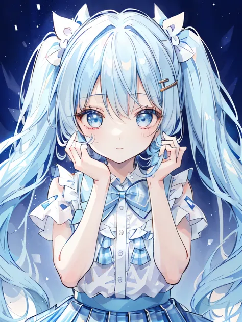 girl,light blue ribbon hair ornament,(light blue hair with twin tails),((break)),（dress:1.3),(plaid pleated skirt:1.2),((break))...