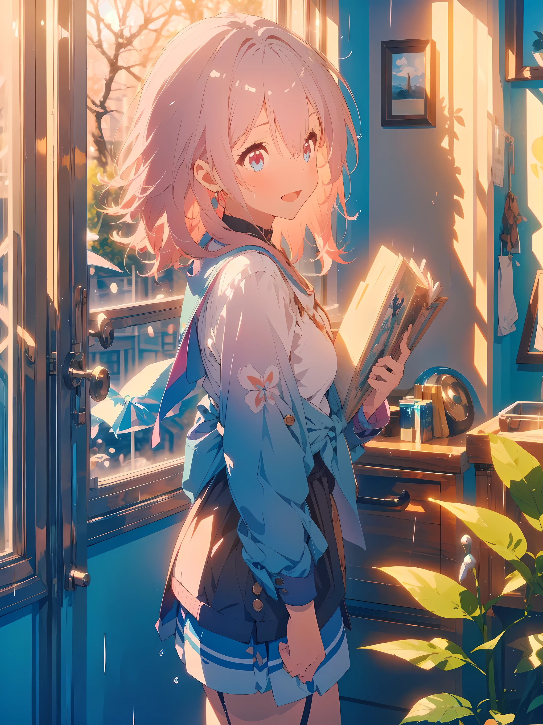 ((masterpiece,best quality)), 1girl, march7th, single glove, black heels, depth of field, night, smile, open mouth, from side, floating hair, ((rainy day)), (water on window), cozy apartment with plants, a woman reading a book, cozy bean bag chair, pajamas, detailed face