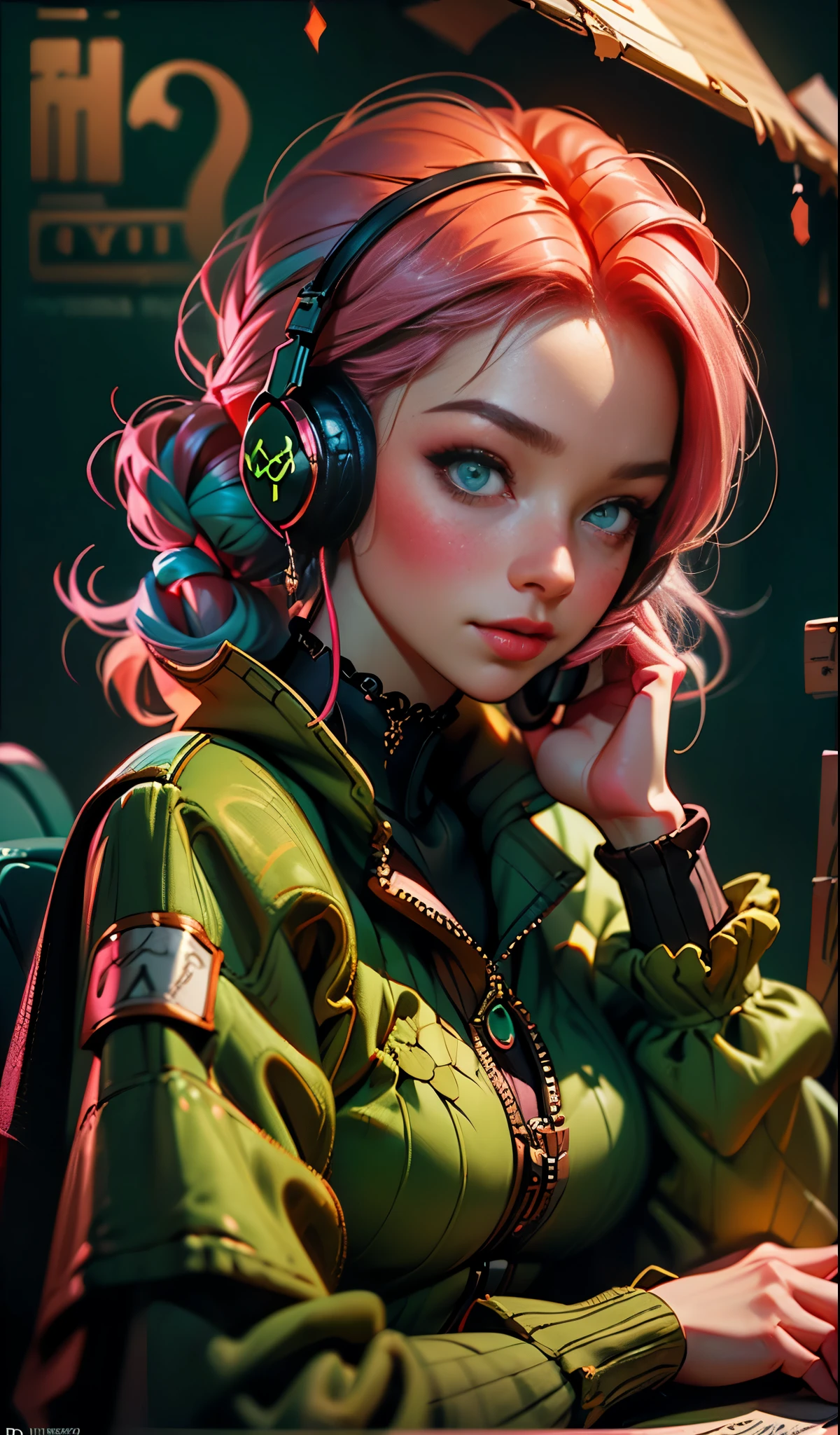 戴着耳机的模特女孩, 城市背景, 翠绿色的眼睛, 粉红色头发, 复杂的细节, 美观的柔和色彩, 海报背景, 伊利亚·库夫希诺夫的艺术作品
