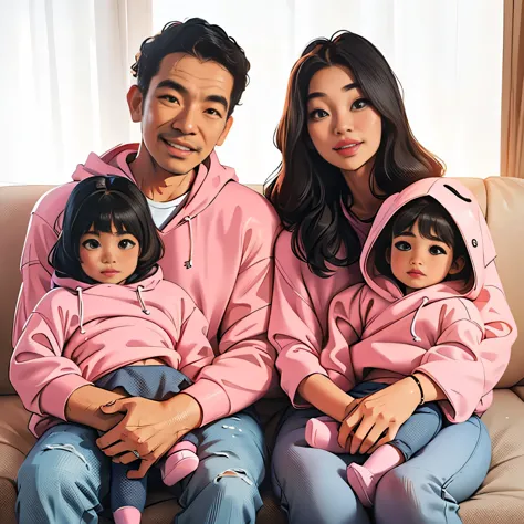 A mother and father with authentic Indonesian faces are sitting on a sofa, cradling two 5-year-old girls wearing pink hoodies. T...