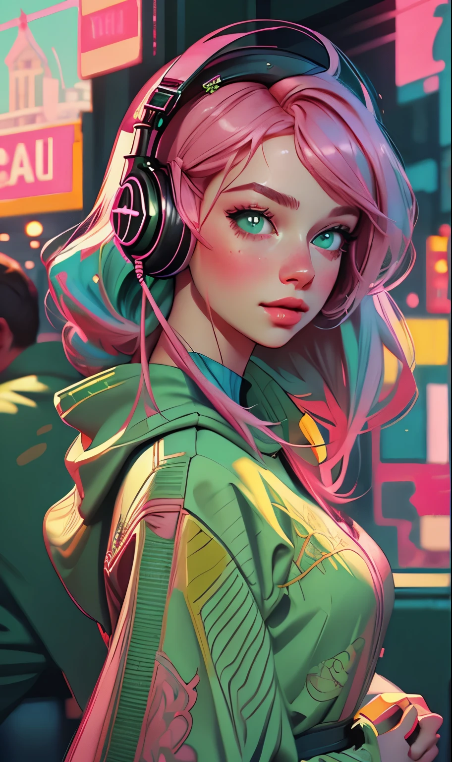 戴着耳机的模特女孩, 城市背景, 翠绿色的眼睛, 粉红色头发, 复杂的细节, 美观的柔和色彩, 海报背景, 伊利亚·库夫希诺夫的艺术作品