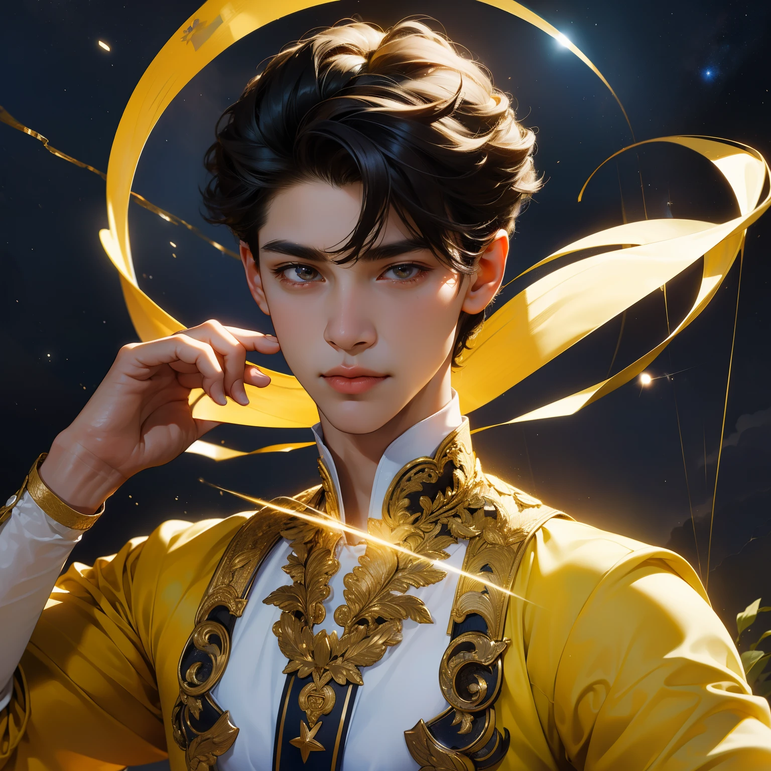 (in 8K、top quality、masterpiece:1.2)、1 boy、short hair、brown、Yellow trail in the sky、sparkling ball lightning flies through the air in his hand .Beautiful face , detailed face , beautiful hands , short tousled hairstyle . in the sky there is a huge Saturn and sparkling stars, Fantastic surrealism !