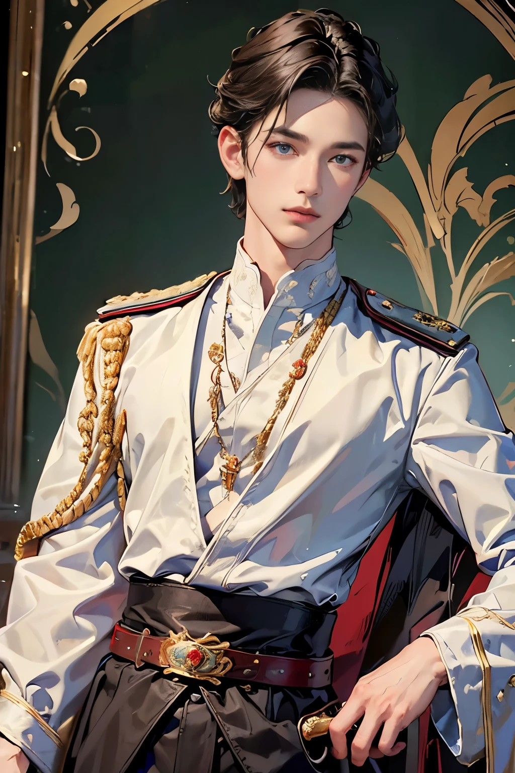 
A masterpiece of world art ! Top quality . High detail . portrait of a prince with a sword on his belt! handsome guy in expensive imperial robes , rich decoration in the imperial palace , bright colored decorations . short dark hair , Blue eyes , seductive smile . very handsome guy. Photo portrait of the prince in the highest quality !