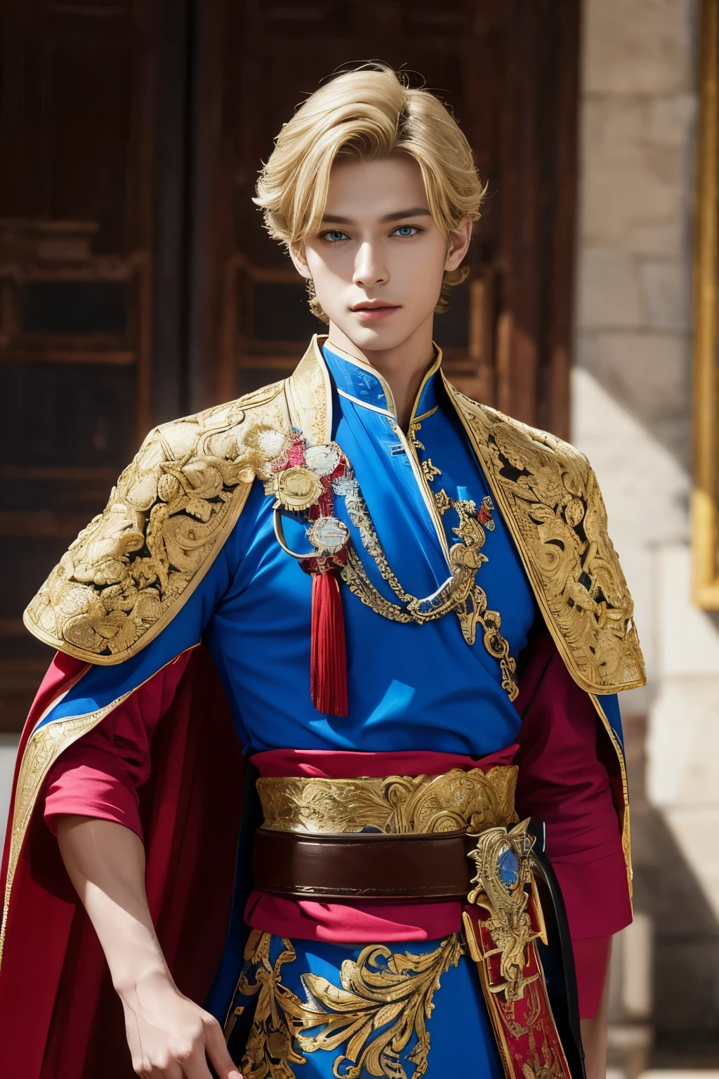 
A masterpiece of world art ! Top quality . High detail . portrait of a prince with a sword on his belt! handsome guy in expensive imperial robes , rich decoration in the imperial palace , bright colored decorations . Short blond hair , Blue eyes , seductive smile . very handsome guy. Photo portrait of the prince in the highest quality !