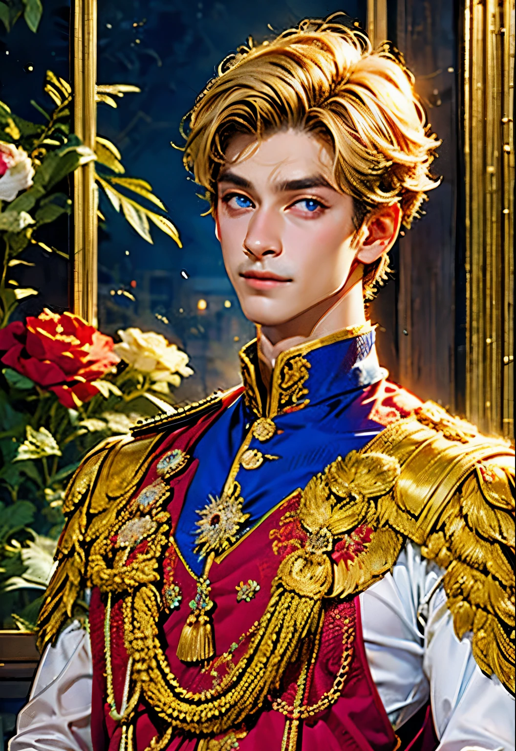 A masterpiece of world art ! Top quality . High detail . portrait of a prince ! handsome guy in expensive imperial robes , rich decoration in the imperial palace , bright colored decorations . Short blond hair , Blue eyes , seductive smile . very handsome guy. Фотоportrait of a prince наивысшим качеством !