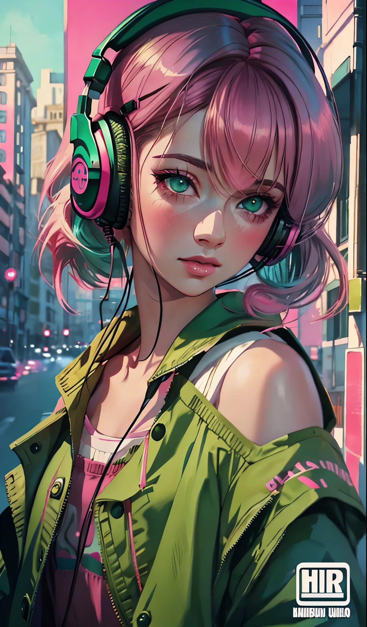 garota modelo usando fones de ouvido, Fundo da cidade, olhos verde esmeralda, cabelo rosa, detalhes intrincados, cores pastel esteticamente agradáveis, fundo do cartaz, Arte de Ilya Kuvshinov