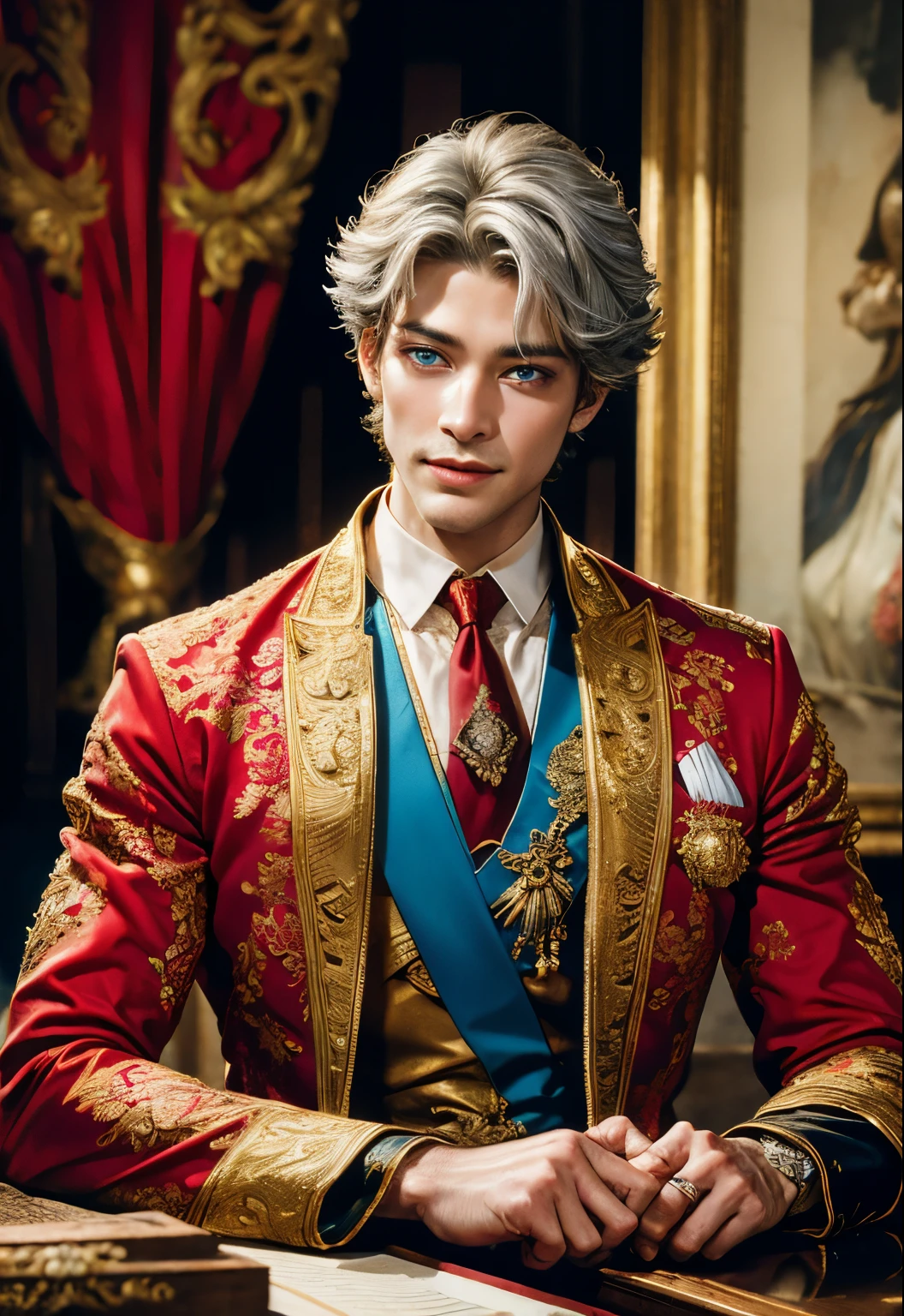 A masterpiece of world art ! Top quality . High detail . portrait of a prince ! handsome guy in expensive imperial robes , rich decoration in the imperial palace , bright colored decorations . short silver hair , Blue eyes , seductive smile . very handsome guy. Фотоportrait of a prince наивысшим качеством !