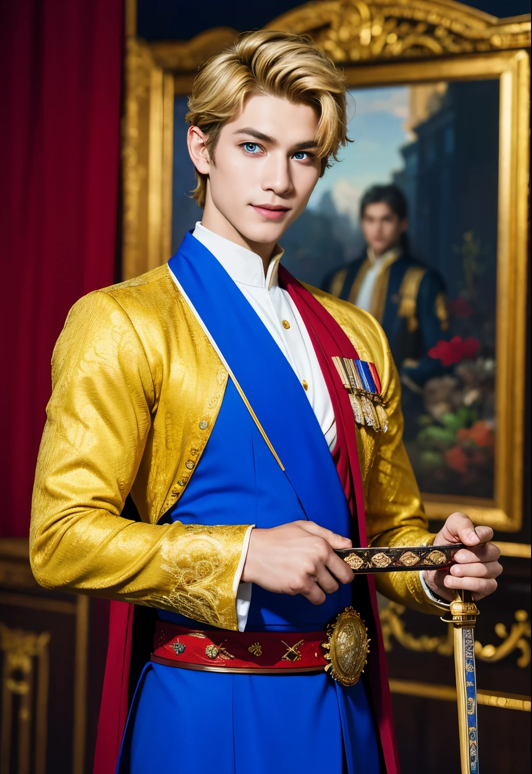 A masterpiece of world art ! Top quality . High detail . portrait of a prince with a sword on his belt! handsome guy in expensive imperial robes , rich decoration in the imperial palace , bright colored decorations . Short blond hair , Blue eyes , seductive smile . very handsome guy. Photo portrait of the prince in the highest quality !
