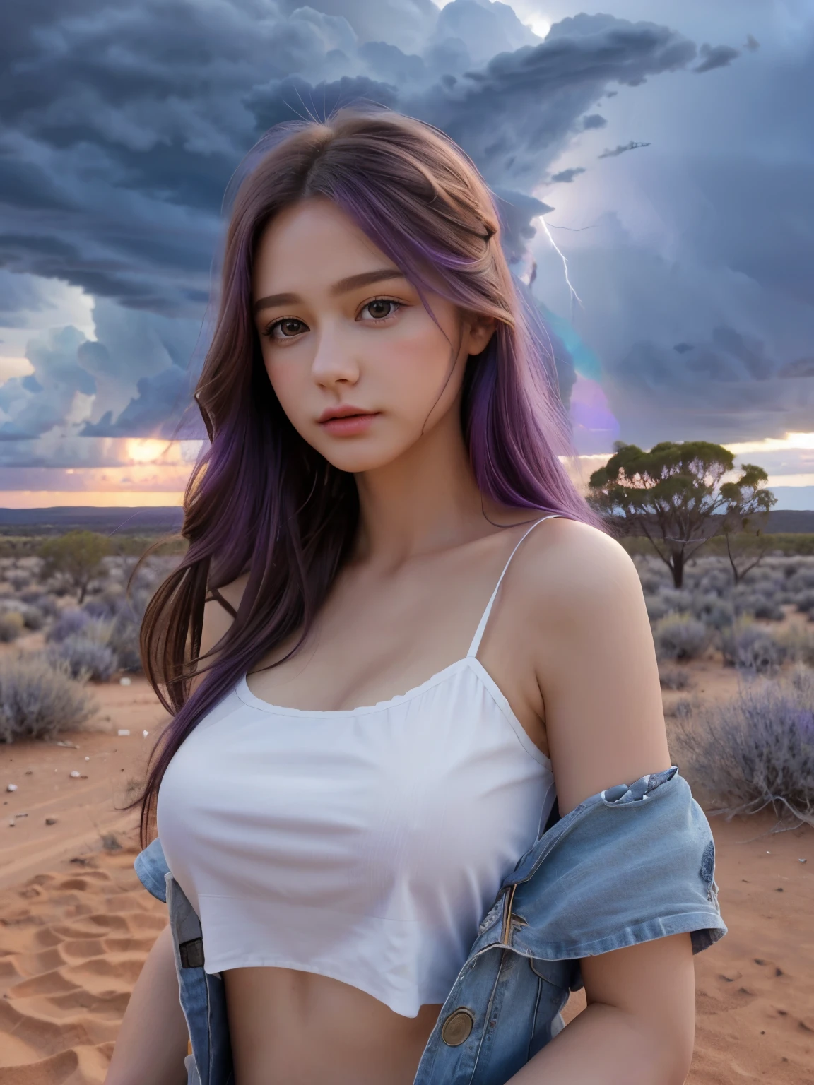 (4k), (highest quality), (best details), (realistic), a thunderstorm is approaching、Beautiful French girl in one piece、purple long hair、near Ayers Rock