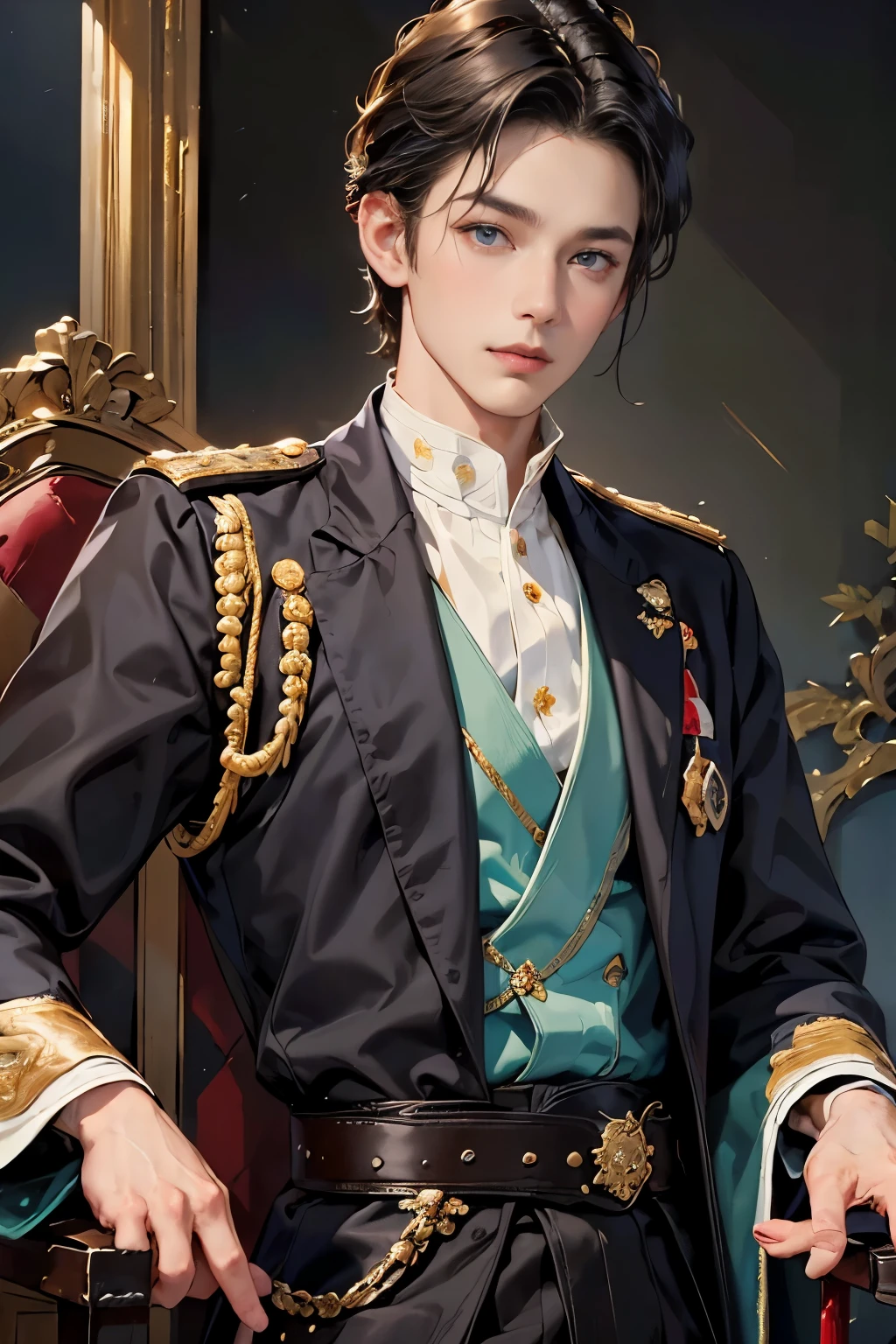 
A masterpiece of world art ! Top quality . High detail . portrait of a prince with a sword on his belt! handsome guy in expensive imperial robes , rich decoration in the imperial palace , bright colored decorations . short dark hair , Blue eyes , seductive smile . very handsome guy. Photo portrait of the prince in the highest quality !