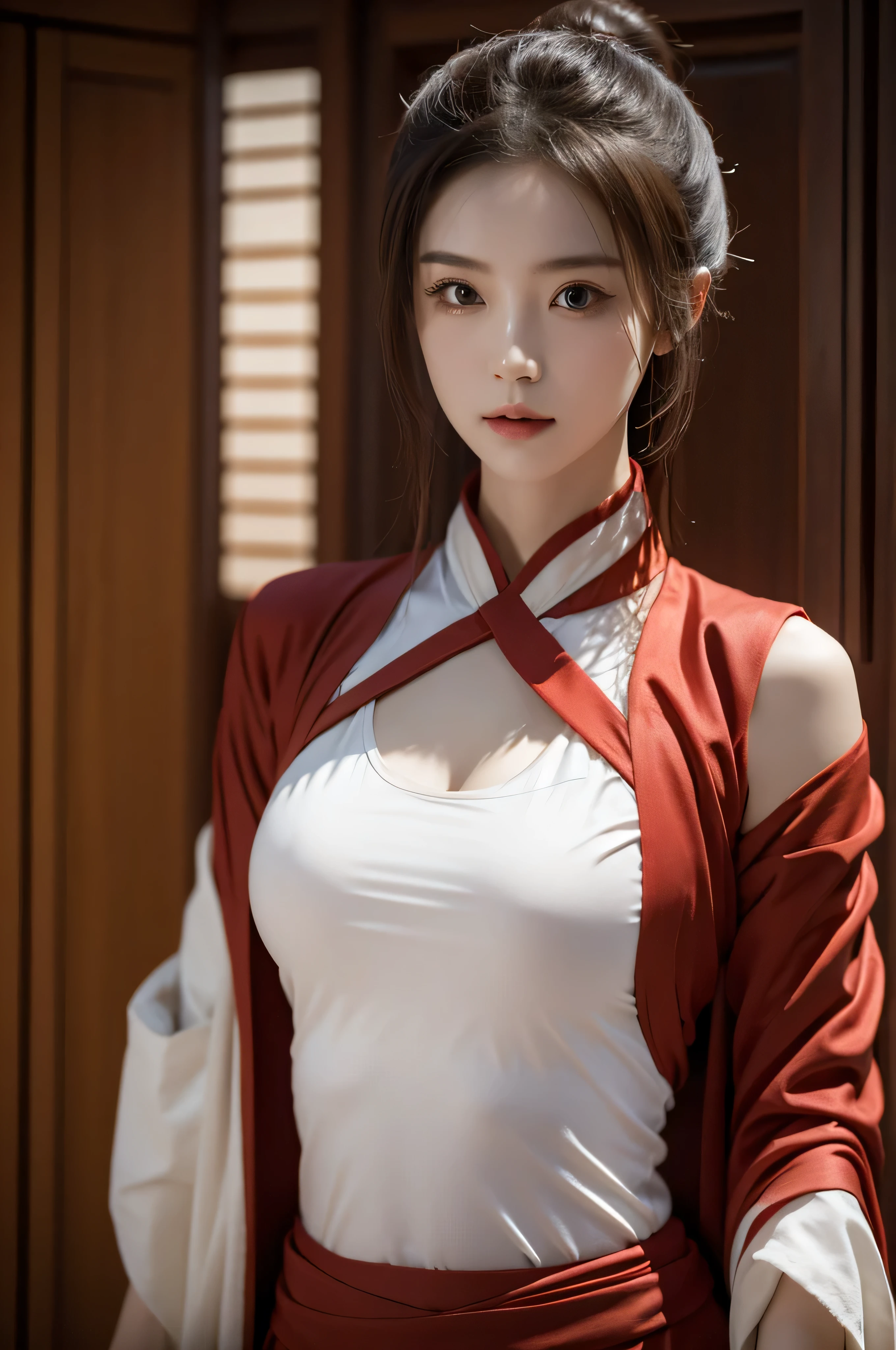 Fair, masterpiece, best quality, extremely detailed face,1 girl, alone，wrap your chest，Light red Hanfu，whole body