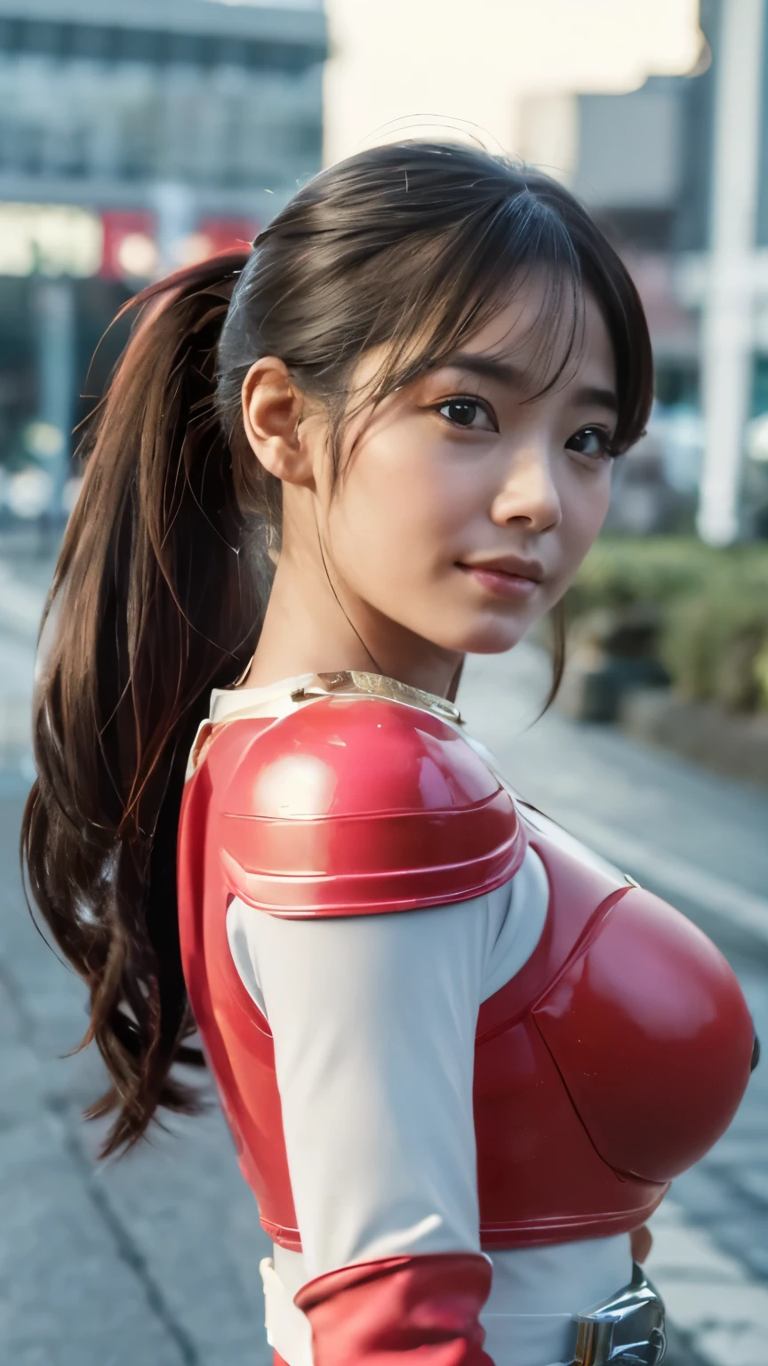 (highest quality、8K、32k、masterpiece、UHD:1.2、perfect body beauty:1.2、Wearing a futuristic hero suit with a dark pink and white shine:1.5、rain、street、Cute 25 year old Japan woman、big and full breasts:1.5、ponytail、Upper body、front、simple background、looking at the viewer、