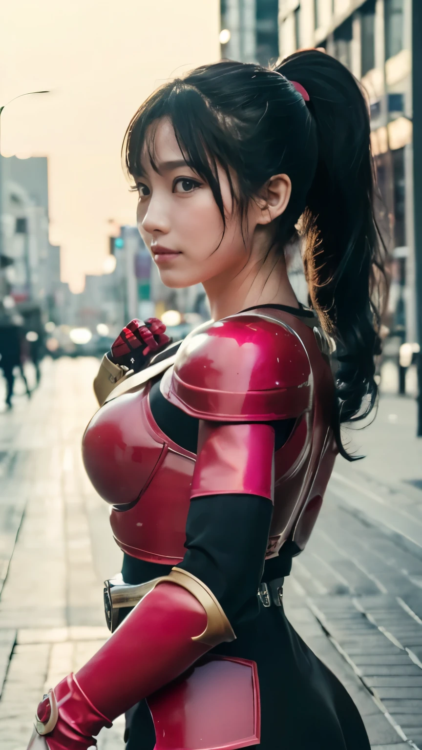 (highest quality、8K、32k、masterpiece、UHD:1.2、perfect body beauty:1.2、Wearing a futuristic hero suit with a dark pink and white shine:1.5、rain、street、Cute 25 year old Japan woman、big and full breasts:1.5、ponytail、Upper body、front、simple background、looking at the viewer、