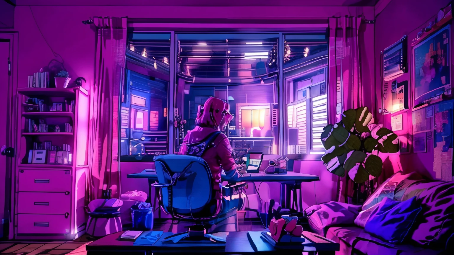 Girls are traders, pink theme, style anime, computer, living room, in the computer screen is chart stock night light , (very detailed:1.2), (warm light:1.2), table top, surreal,32k, very detailed CG Unity 8K 壁紙, highest quality  (table top,highest quality:1.5)