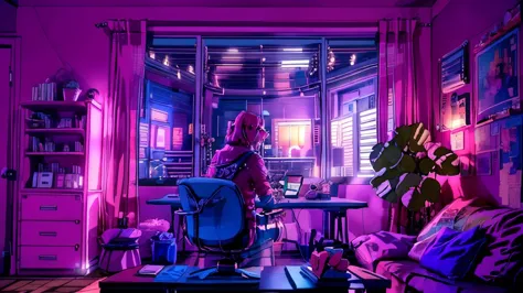 girls are traders, pink theme, style anime, computer, living room, in the computer screen is chart stock night light , (very det...