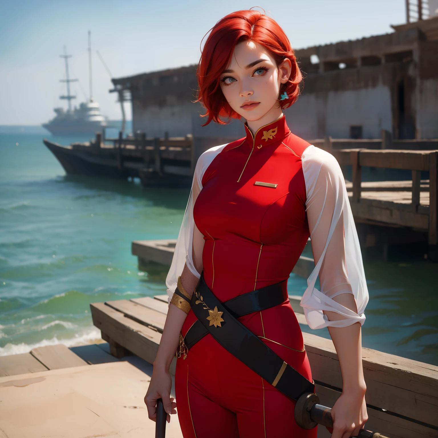 Absurd decision, A high resolution, (masterpiece: 1.4), hyper detail, weapons testing site on an empty dock by the sea, 1 young woman, short red hair, Soldier Costume, very serious expression