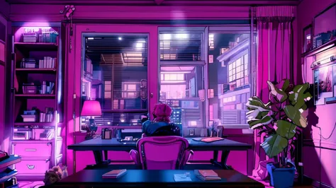 girls are traders, pink theme, style anime, computer, living room, in the computer screen is chart stock night light , (very det...