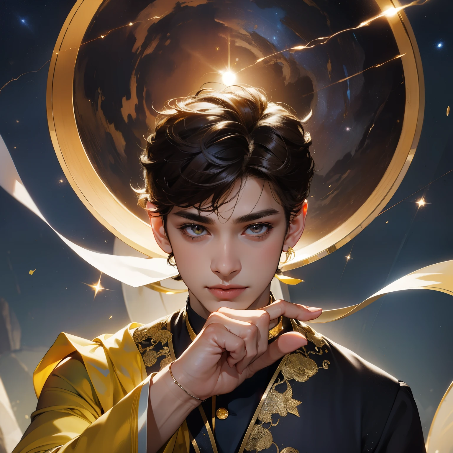 (in 8K、top quality、masterpiece:1.2)、1 boy、short hair、brown、Yellow trail in the sky、sparkling ball lightning flies through the air in his hand .Beautiful face , detailed face , beautiful hands , short tousled hairstyle . in the sky there is a huge Saturn and sparkling stars, Fantastic surrealism !