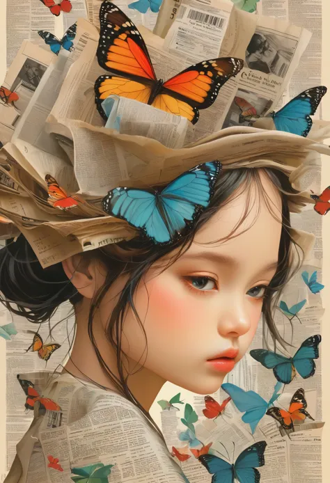 magazine cover design：1 girl, profile，alone，girl with butterfly and newspaper clipping on her head,，text，barcode