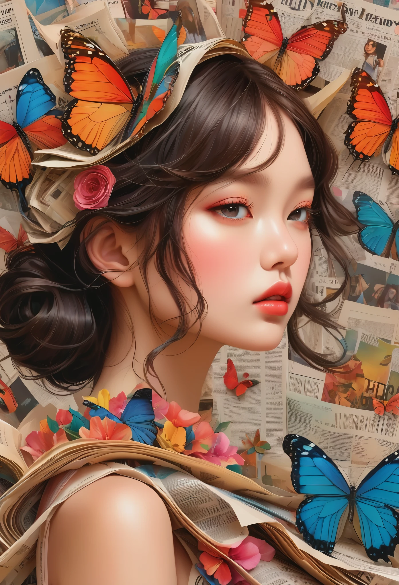 A girl with a side profile, alone, wearing a magazine cover dress, detailed facial features and long eyelashes, with a butterfly perched on her head, surrounded by an arrangement of cut-out newspaper clippings. The girl's face is photorealistic and detailed, with vivid colors and sharp focus. The overall image is a high-resolution masterpiece, suitable for a magazine cover. The art style is a mix of photography and concept art. The color tone is vibrant and eye-catching. The lighting is studio-style, with soft and gentle illumination. The prompt also includes the text and barcode typically seen on magazine covers.