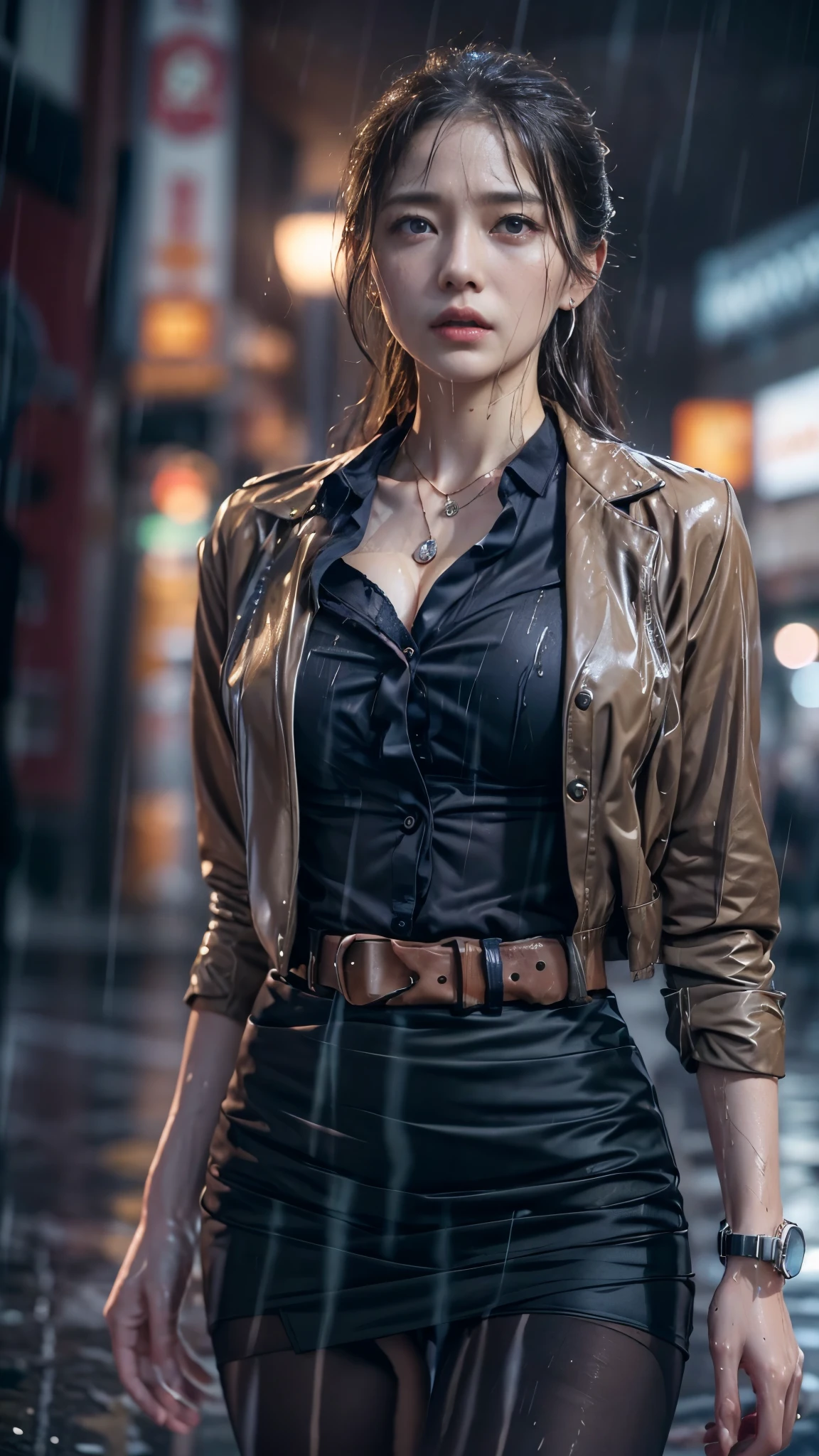 (RAW shooting, Photoreal:1.5, 8K, highest quality, masterpiece, ultra high resolution), perfect dynamic composition:1.2, Night street corner of a modern city, expression of sadness:0.5, (((Typhoon heavy rain))), Highly detailed skin and facial textures:1.2, Slim office lady wet in the rain:1.3, Fair skin:1.2, sexy beauty:1.1, perfect style:1.2, beautiful and aesthetic:1.1, very beautiful face:1.2, water droplets on the skin, (rain drips all over my body:1.2, wet body:1.2, wet hair:1.3, Wet tight skirt:1.2, wet office lady uniform:1.3), belt, (Medium chest, Bra see-through, Chest gap), (cry, lovelorn, The expression on your face when you feel intense caress, Facial expression when feeling pleasure), (beautiful blue eyes, Eyes that feel beautiful eros:0.8), (Too erotic:0.9, Bewitching:0.9), cowboy shot, Shoulder bag, necklace, earrings, bracelet, clock