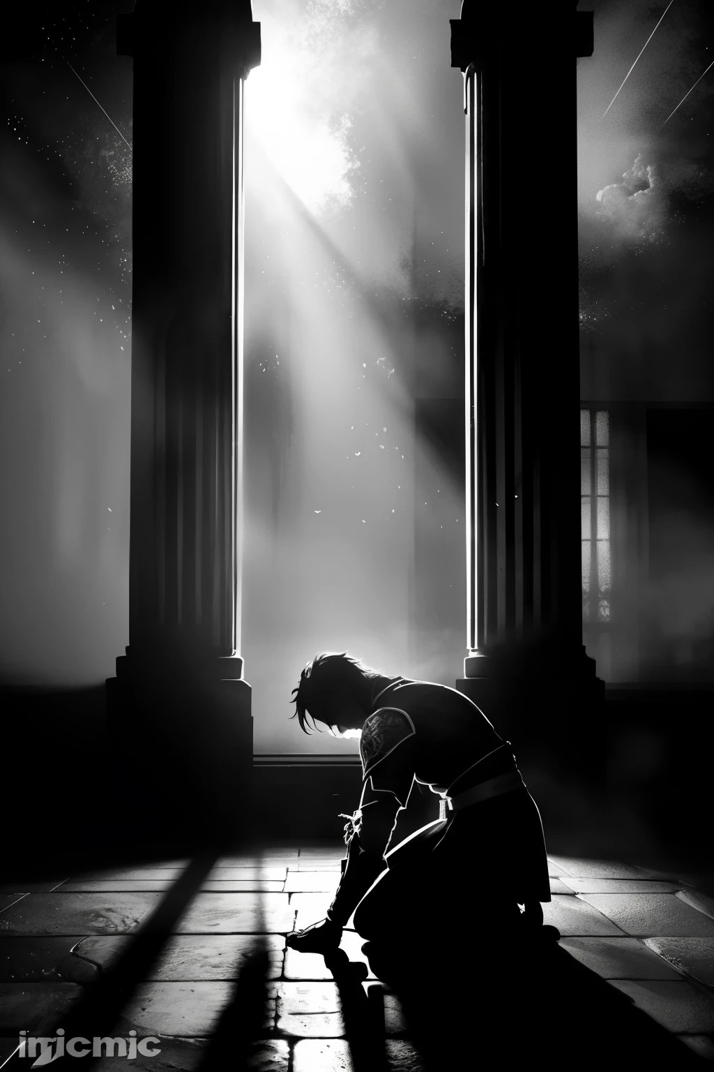 Silhouette of a man, kneeling in profound prostration, exuding a sense of defeat, in an empty and desolate room shrouded in black and white hues, highlights accentuating his form. The end of an arduous journey or the bitter conclusion of a lost battle, as depicted on the final game screen of a warrior character. A poignant moment of surrender, bathed in the soft contrast of light and shadow. (masterpiece:1.2), (detailed:1.3), (realistic:1.4), (monochromatic:1.5), (cinematic lighting:1.6), (high contrast:1.7)