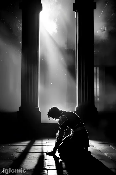 Silhouette of a man, kneeling in profound prostration, exuding a sense of defeat, in an empty and desolate room shrouded in blac...