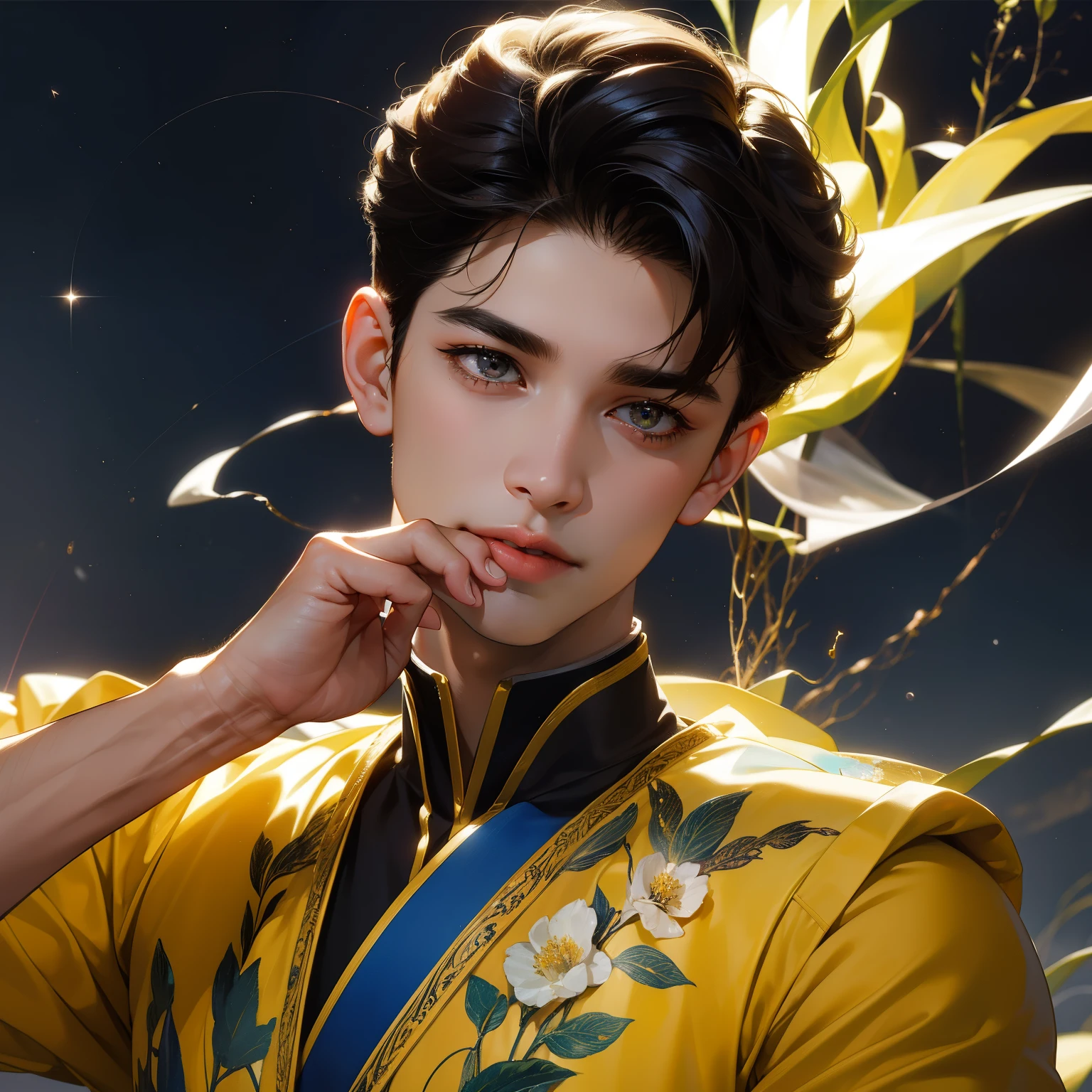 (in 8K、top quality、masterpiece:1.2)、1 boy、short hair、brown、Yellow trail in the sky、sparkling ball lightning flies through the air in his hand .Beautiful face , detailed face , beautiful hands , short tousled hairstyle . in the sky there is a huge Saturn and sparkling stars, Fantastic surrealism !