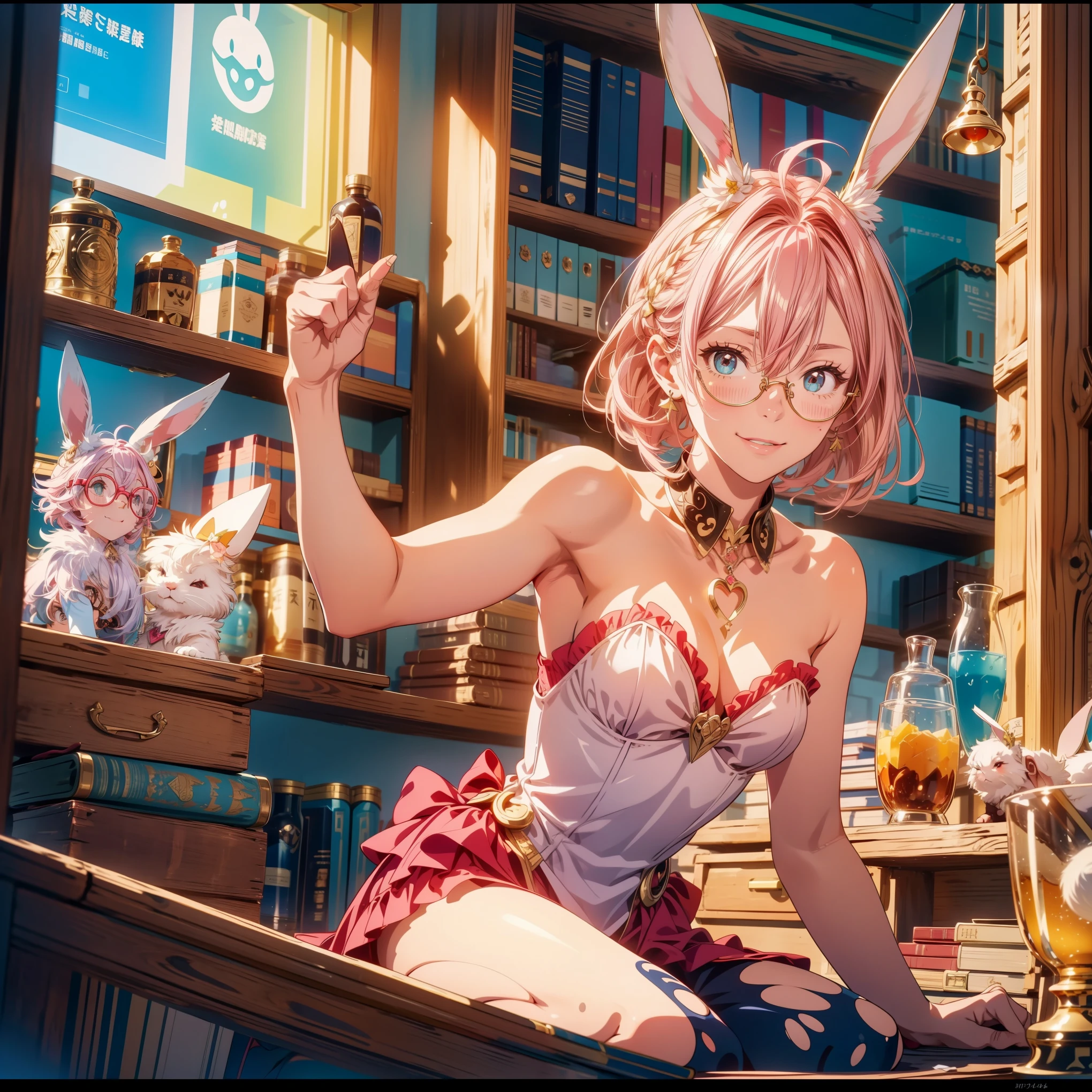 little white rabbit, Walk upright, Moe idiot, Animal food, smile, Bunny ears, aqua eye, anime, realism, close, character chart, anime, anime style, chiaroscuro, Super detailed, rough skin, high quality, advanced details, advanced details, high quality, Super detailed, rough skin,asymmetric bangs,short hair,ahoge,pink hair,browneyes,wellington glasses,(gold frame) glasses,