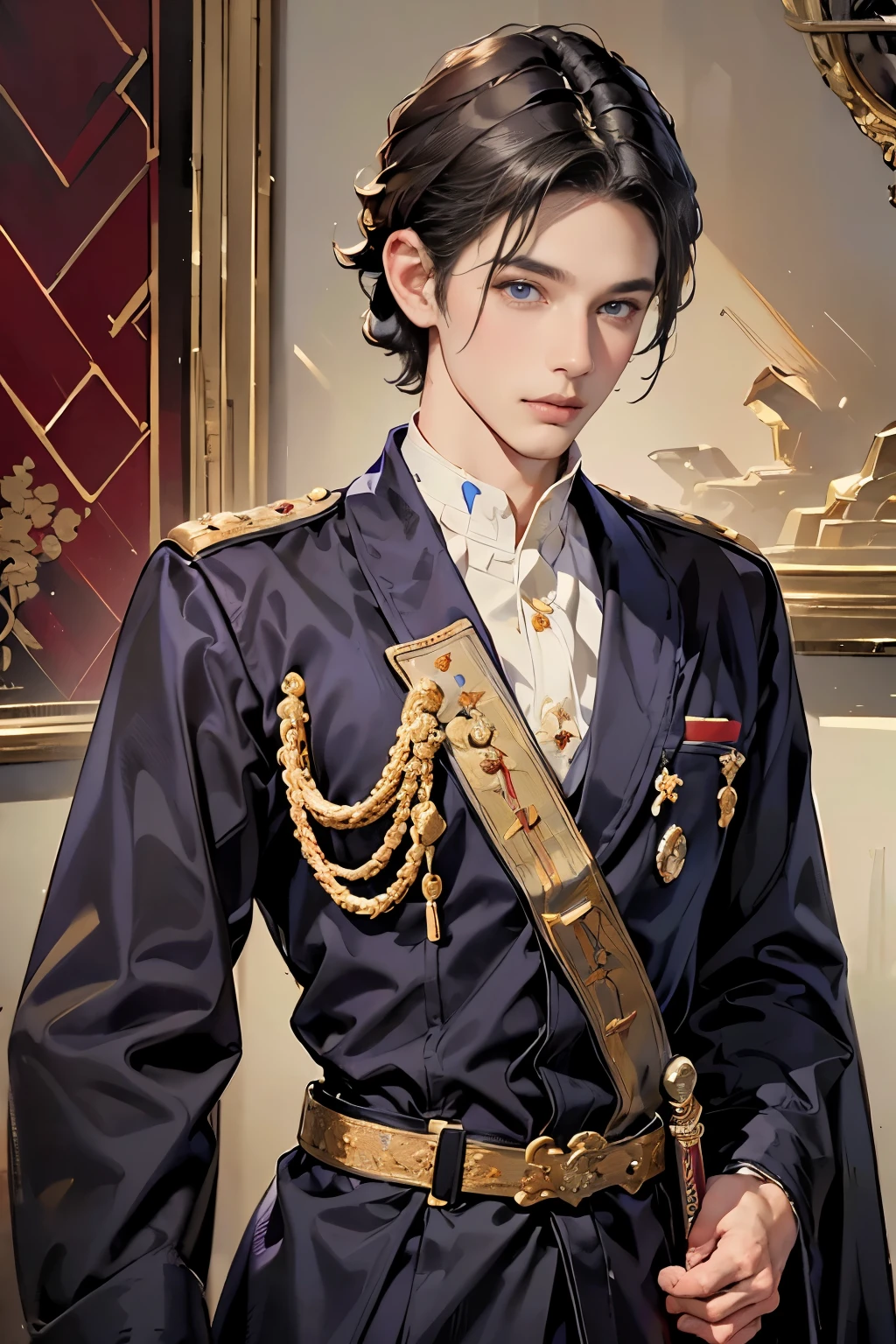 
A masterpiece of world art ! Top quality . High detail . portrait of a prince with a sword on his belt! handsome guy in expensive imperial robes , rich decoration in the imperial palace , bright colored decorations . short dark hair , Blue eyes , seductive smile . very handsome guy. Photo portrait of the prince in the highest quality !