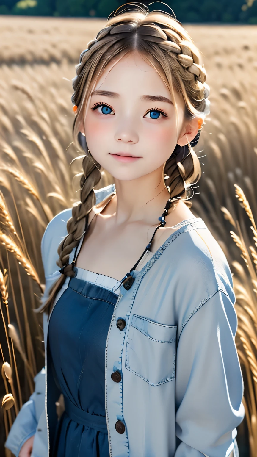 one woman、cute face、Also々new expression、Japanese、charming eyes、cream hair、french braid、18-year-old、gray eyes、camisole dress、blue jacket、outdoor、Alsoとした佇まい、wheat field