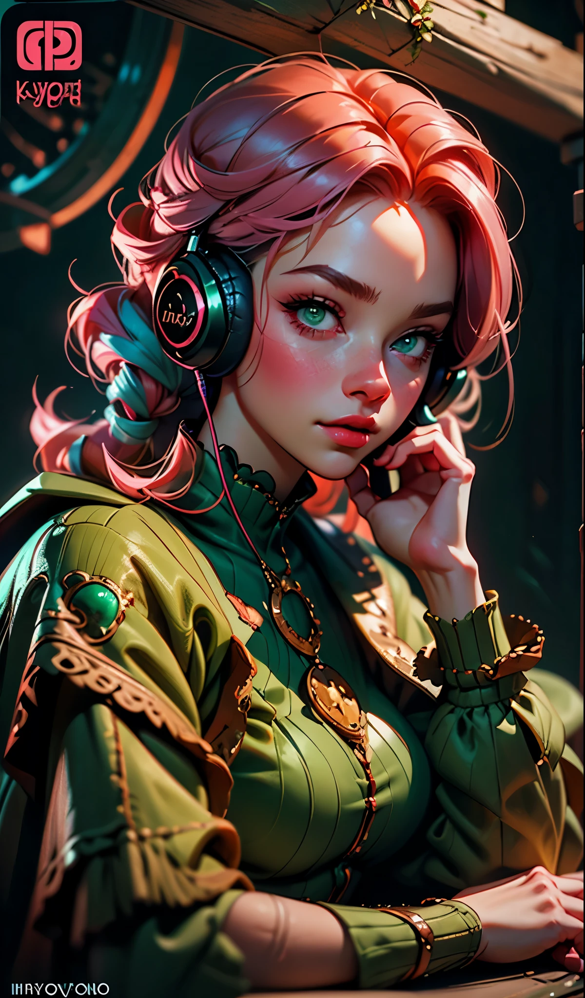 model girl wearing headphones, city background, emerald green eyes, pink hair, intricate details, aesthetically pleasing pastel colors, poster background, art by ilya kuvshinov
