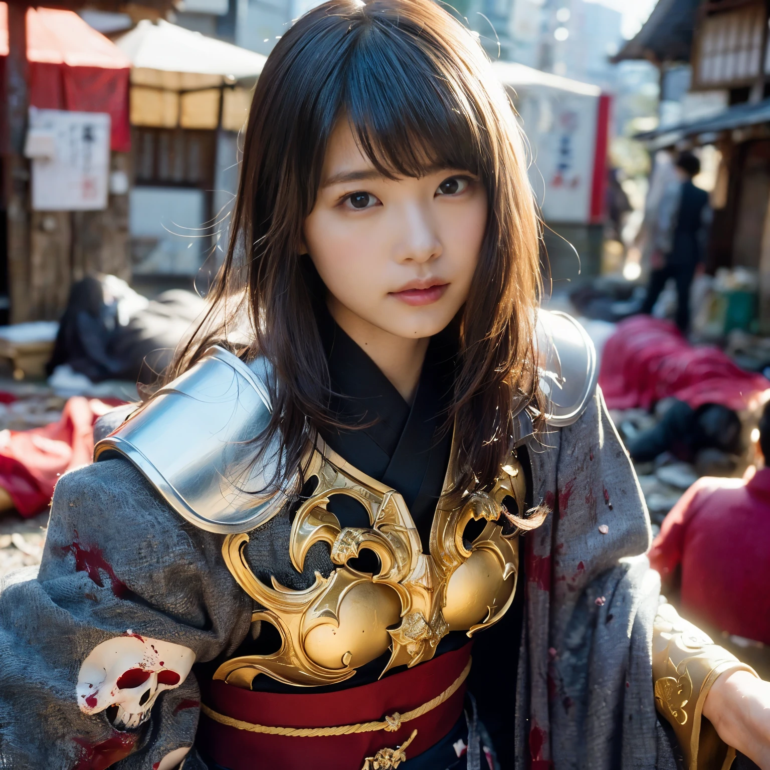 (((Realistic, masterpiece, best quality, crisp detail, high definition, high detail, sharp focus, perfect studio lightning))), 20 years old assassin,((( in the middle of a war, kasumi arimura, fighting stance))), wearing (((fully decorated golden armor, armored kimono, blood scattered face, blood bath, blood shed))), (((fire everywhere, blood everywhere, death everywhere, japan bakumatsu period, dead bodies,carcass,burned,hellish )) traditional village background)
