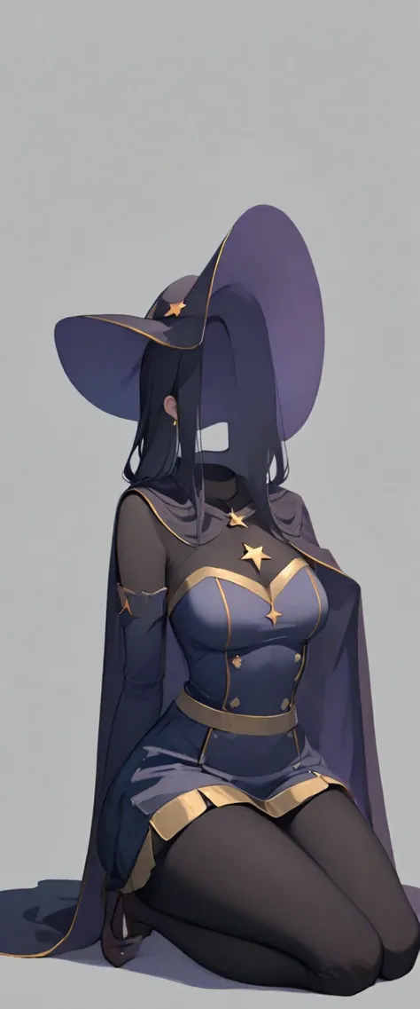 nobody, 1 girl, alone,Headless, no hands, no legs, No weapons, No weapons, Simple background, whole body,1 girl, Double tail, long hair, witch hat, pantyhose,Gloves, black hair, collar, jewelry, cape, gold trim, blue tights,earrings, Separate sleeves, Star...
