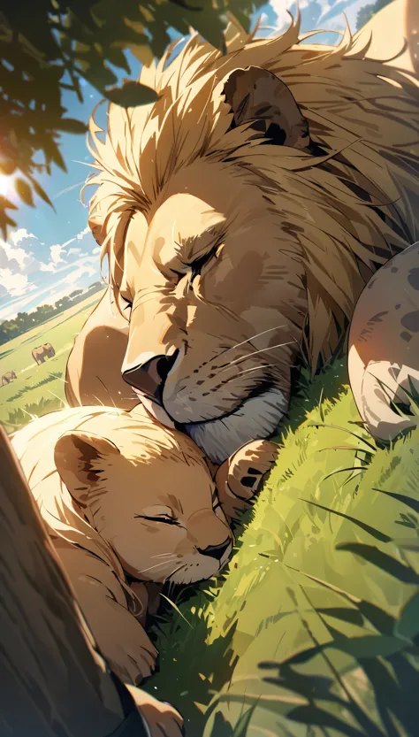 ((masterpiece, best quality, ultra detailed)), (shiny hair:1.4),(ultra-wide angle, beautiful, delicate details,), meadow, lion family, sleeping, delicate depiction, sunny sky, savannah sunshine, carefully drawing every single grass, savannah with trees her...