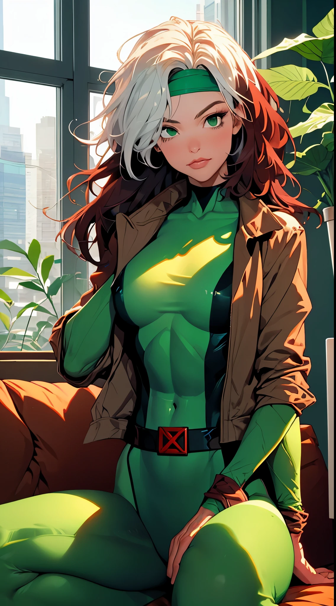 (masterpiece, best quality:1.2), classicrogue, 1girl, solo, long hair, breasts, smile, large breasts, brown hair, green eyes, jacket, big hair, white hair, multicolored hair, parted lips, open clothes, belt, two-tone hair, open jacket, lips, bodysuit, covered navel, makeup, muscular, headband, abs, skin tight, multicolored clothes, muscular female, dyed bangs, multicolored bodysuit, green bodysuit, yellow bodysuit, butterfly, bug, window, sitting, indoors, plant, book, laptop, computer, couch, looking at viewer, closed mouth, blurry, blue butterfly, potted plant, building, expressionless, depth of field, book stack, day