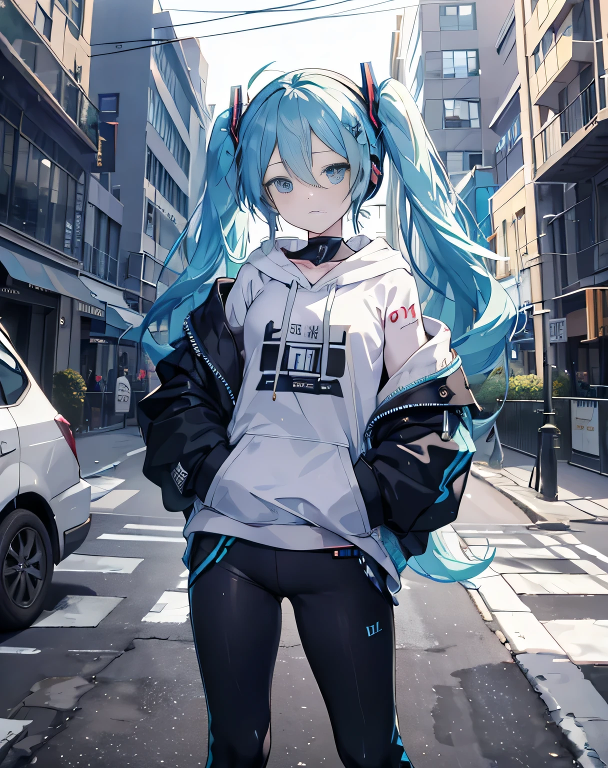 chef-d&#39;œuvre,Hatsune Miku,seul,cheveux longs,Cheveux bleus,casque de musique，sweatshirt à capuche,hors épaule:1.2, casquette de la foule, rue,Mettez vos mains sur vos hanches, mettre un&#39;Main dans la main&#39;poche de,