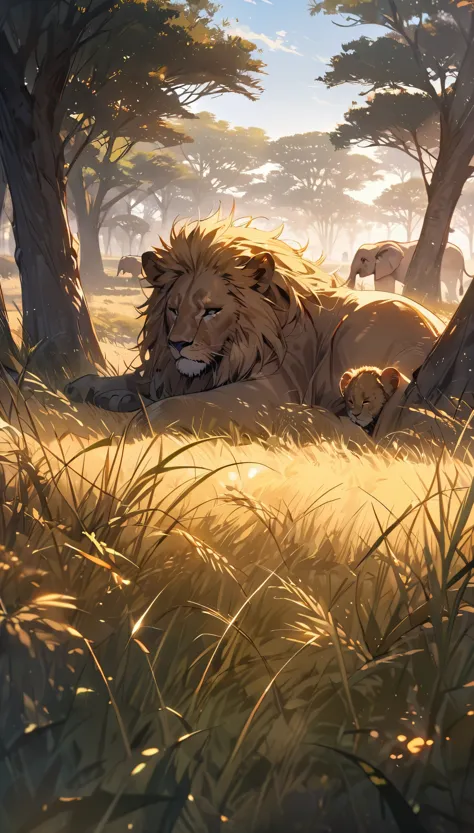 ((masterpiece, best quality, ultra detailed)), (shiny hair:1.4),(ultra-wide angle, beautiful, delicate details,), meadow, lion family, sleeping, delicate depiction, clear sky, savannah sunshine, carefully drawn every single grass, savannah with trees here ...